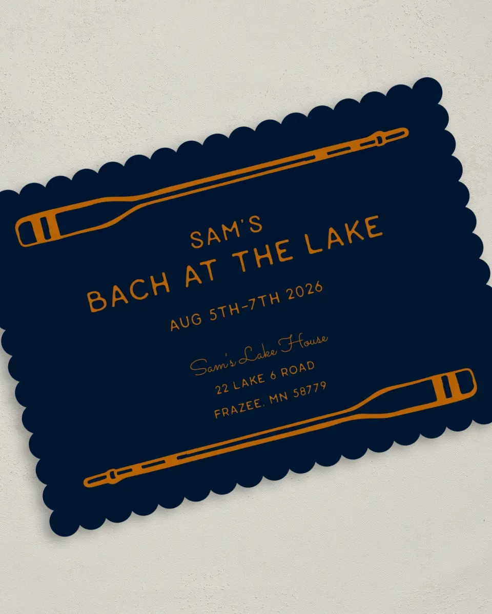 This is a 5" x 7" Bachelor Party Invitation called Lake Bach printed in full color with Gold foil on Luxe Satin (coated) paper