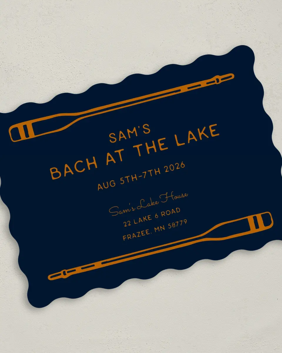 This is a 5" x 7" Bachelor Party Invitation called Lake Bach printed in full color on Premium Smooth paper