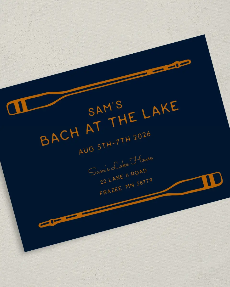 This is a 5" x 7" Bachelor Party Invitation called Lake Bach printed in full color on Premium Smooth paper