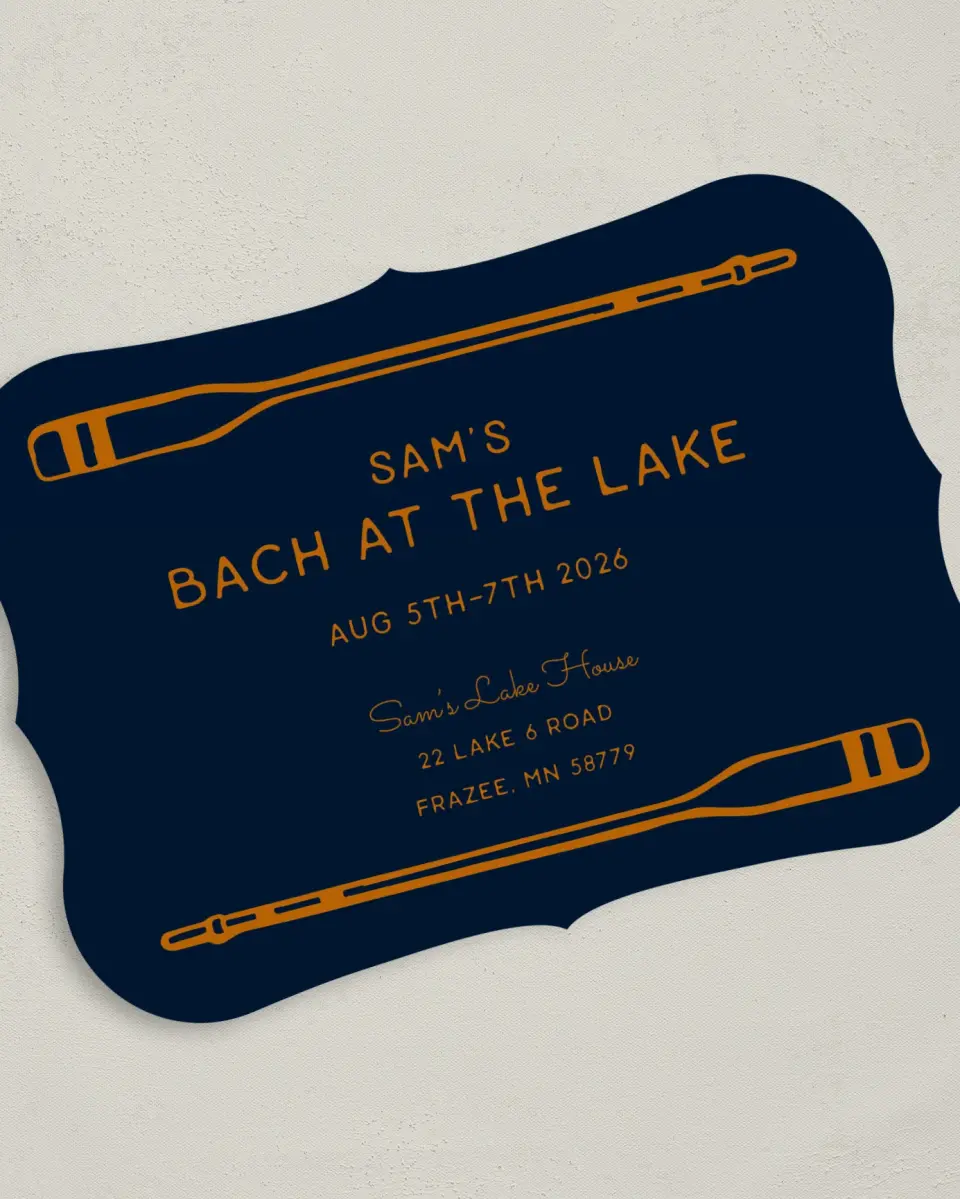 This is a 5" x 7" Bachelor Party Invitation called Lake Bach printed in full color on Premium Smooth paper