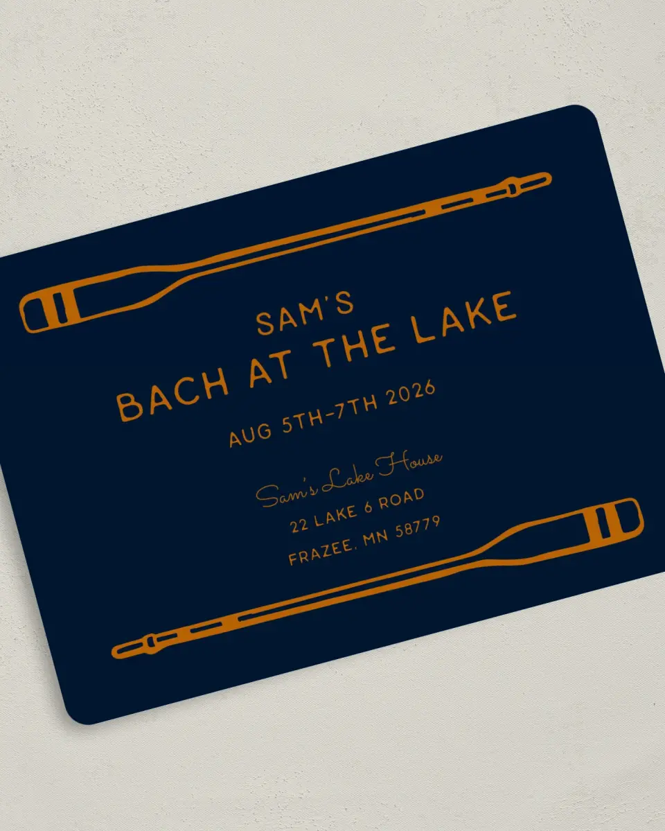 This is a 5" x 7" Bachelor Party Invitation called Lake Bach printed in full color on Premium Smooth paper