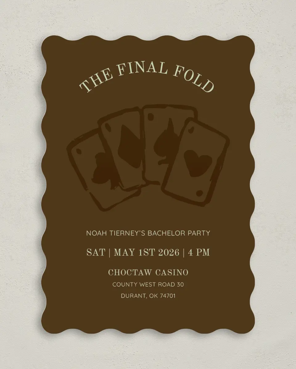 This is a 5" x 7" Bachelor Party Invitation called The Final Fold printed in full color on Premium Smooth paper