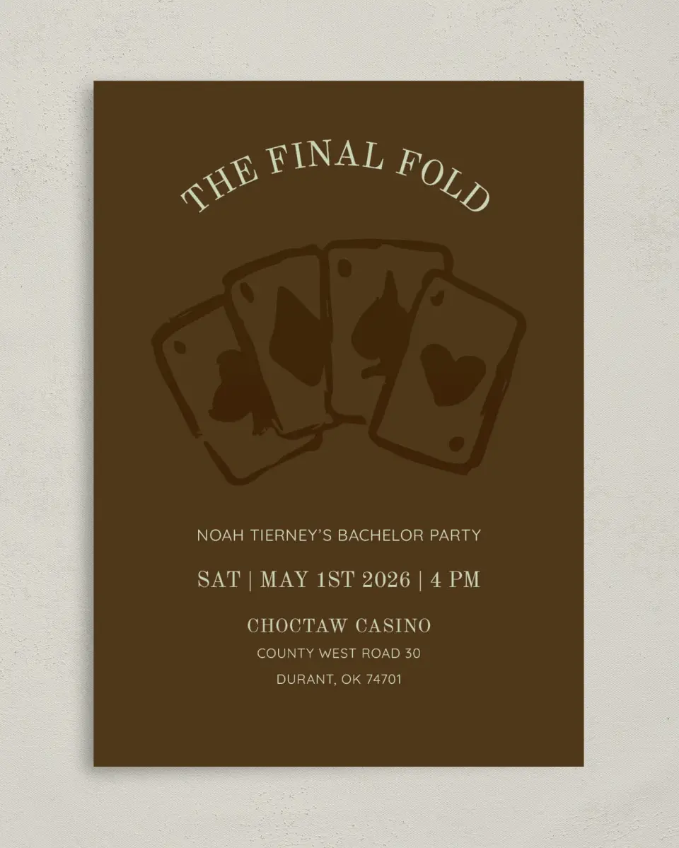 This is a 5" x 7" Bachelor Party Invitation called The Final Fold printed in full color on Premium Smooth paper