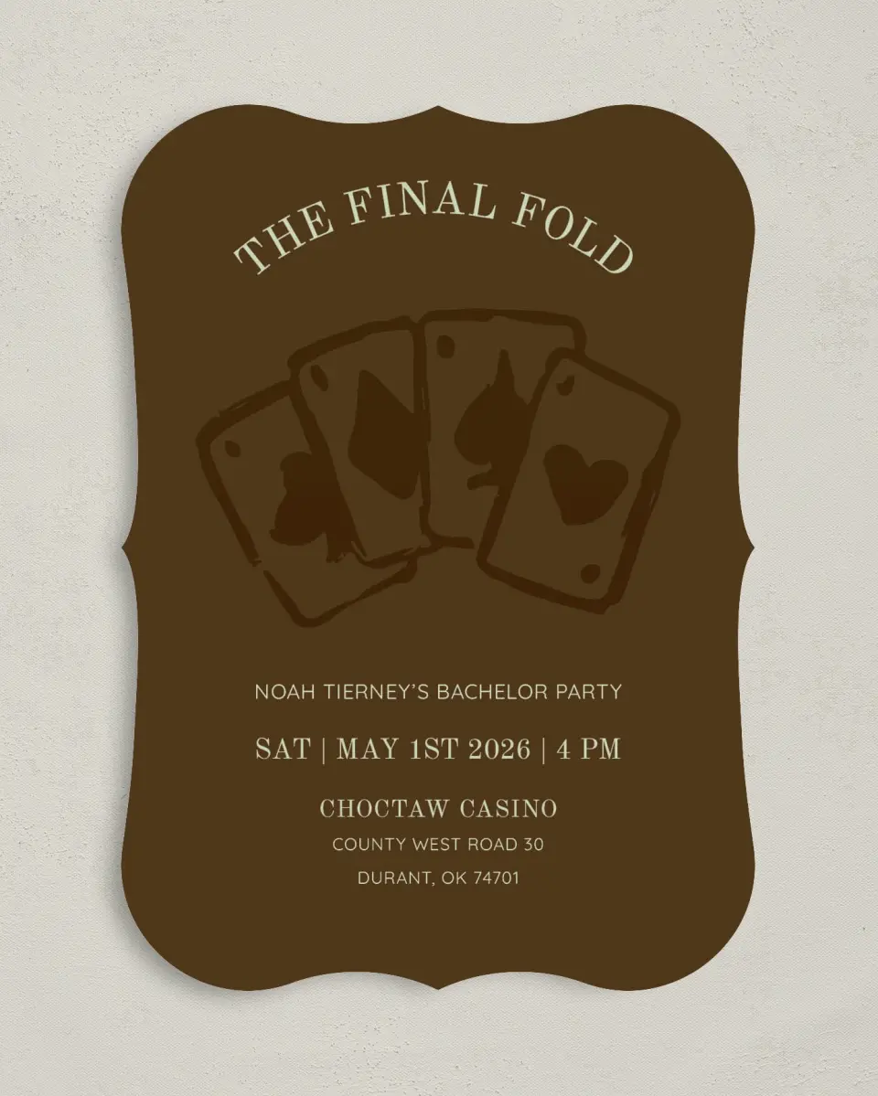 This is a 5" x 7" Bachelor Party Invitation called The Final Fold printed in full color on Premium Smooth paper