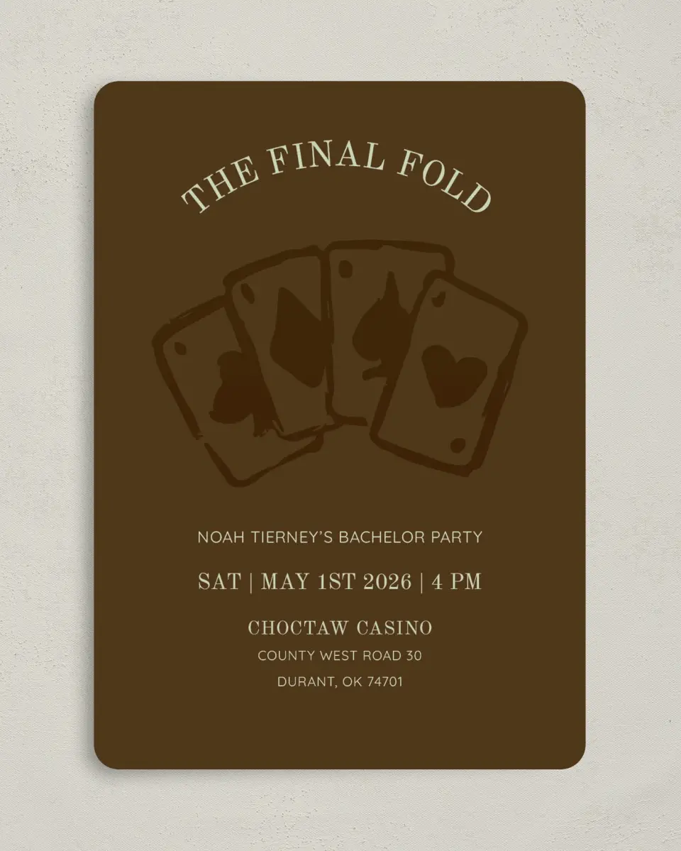 This is a 5" x 7" Bachelor Party Invitation called The Final Fold printed in full color on Premium Smooth paper