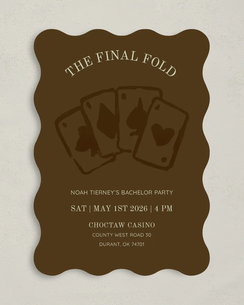 This is a 5" x 7" Bachelor Party Invitation called The Final Fold printed in full color on Premium Smooth paper