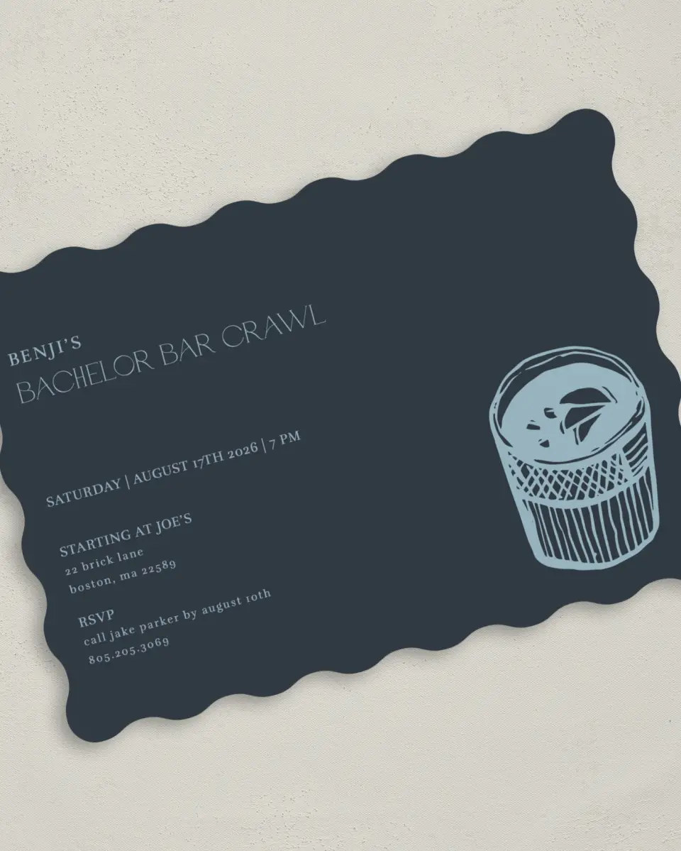 This is a 5" x 7" Bachelor Party Invitation called Bar Crawl Bach printed in full color on Premium Smooth paper
