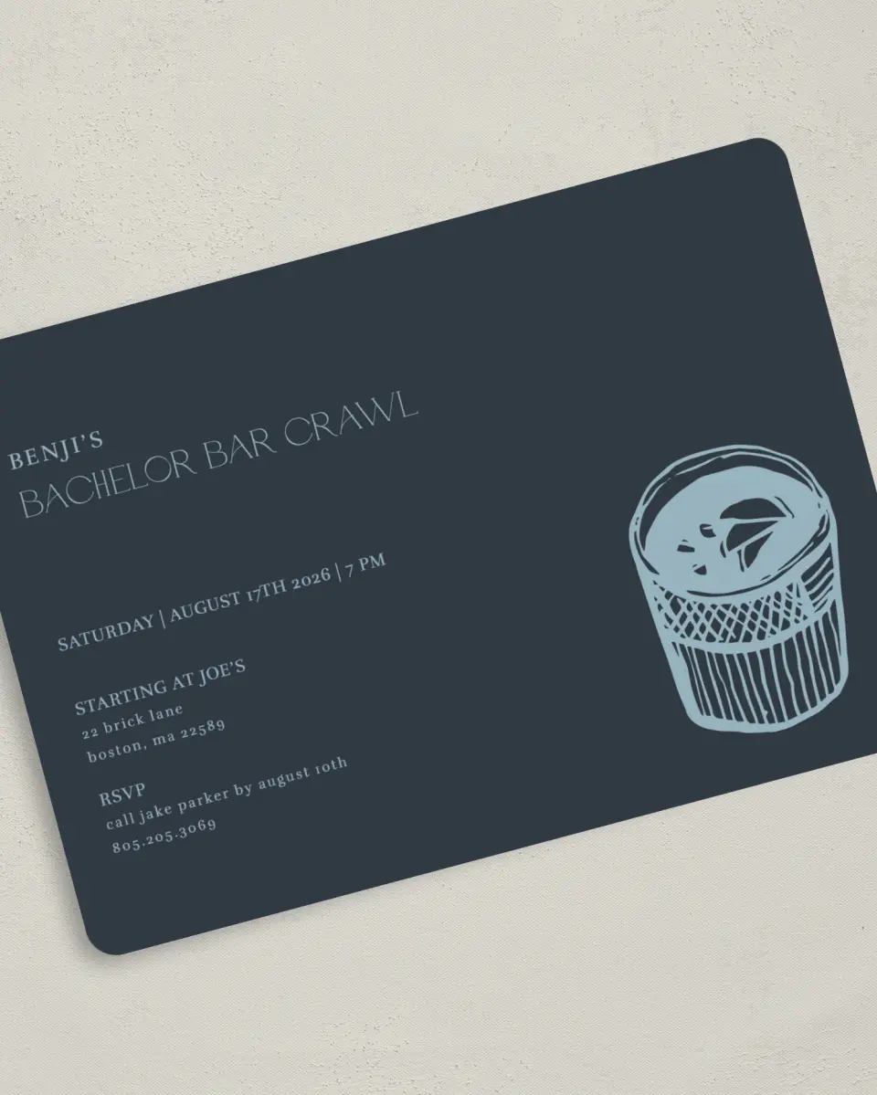 This is a 5" x 7" Bachelor Party Invitation called Bar Crawl Bach printed in full color on Premium Smooth paper