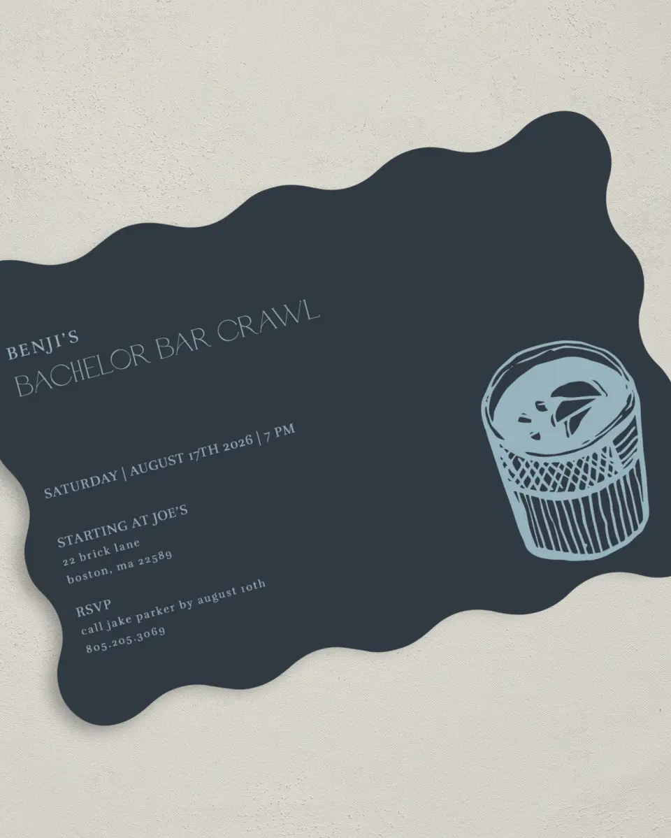 This is a 5" x 7" Bachelor Party Invitation called Bar Crawl Bach printed in full color with Rose Gold foil on Luxe Satin (coated) paper