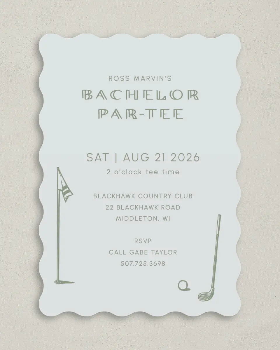 This is a 5" x 7" Bachelor Party Invitation called Let's Par-Tee printed in full color on Premium Smooth paper