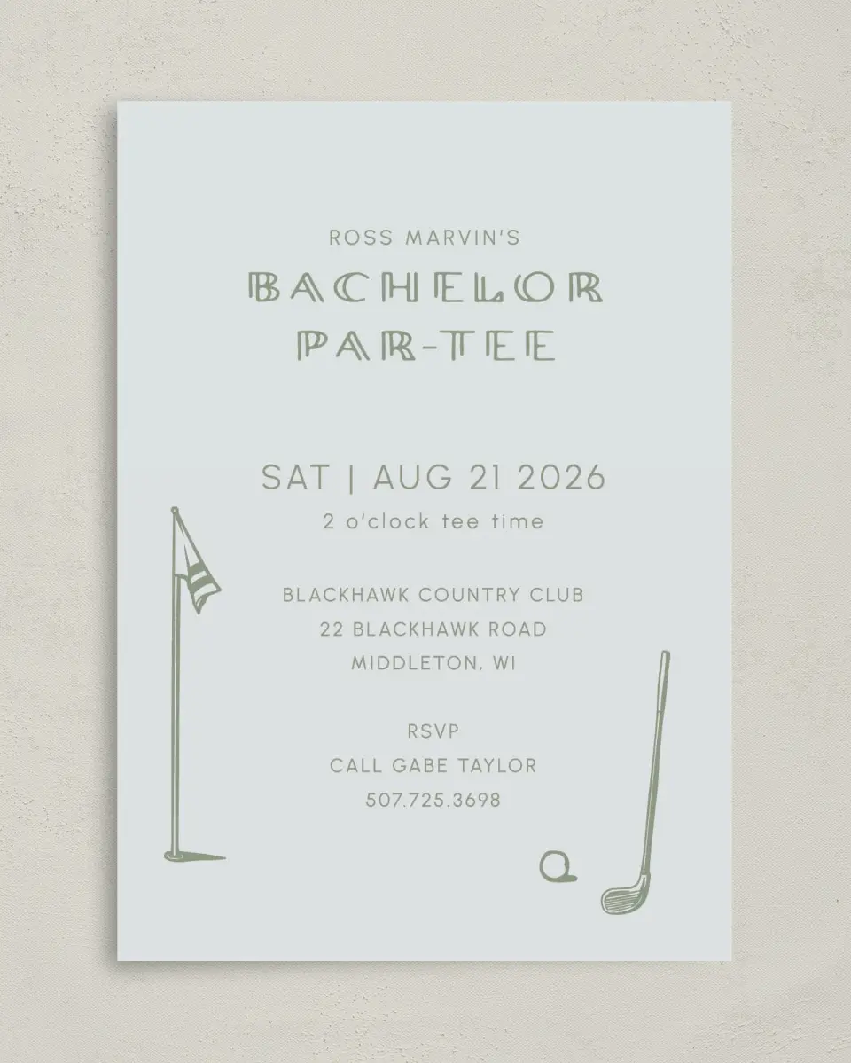 This is a 5" x 7" Bachelor Party Invitation called Let's Par-Tee printed in full color on Premium Smooth paper