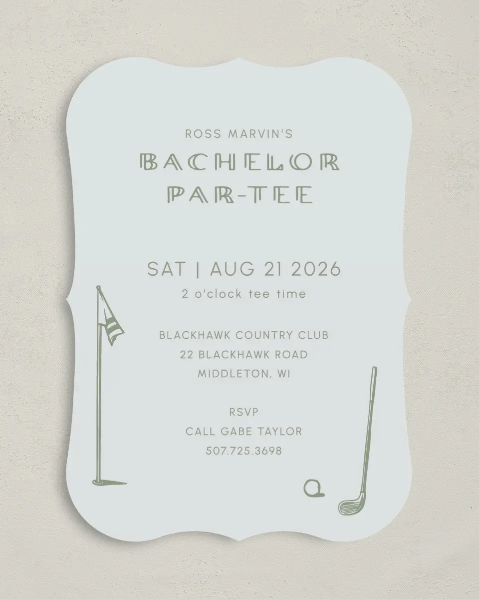 This is a 5" x 7" Bachelor Party Invitation called Let's Par-Tee printed in full color on Premium Smooth paper