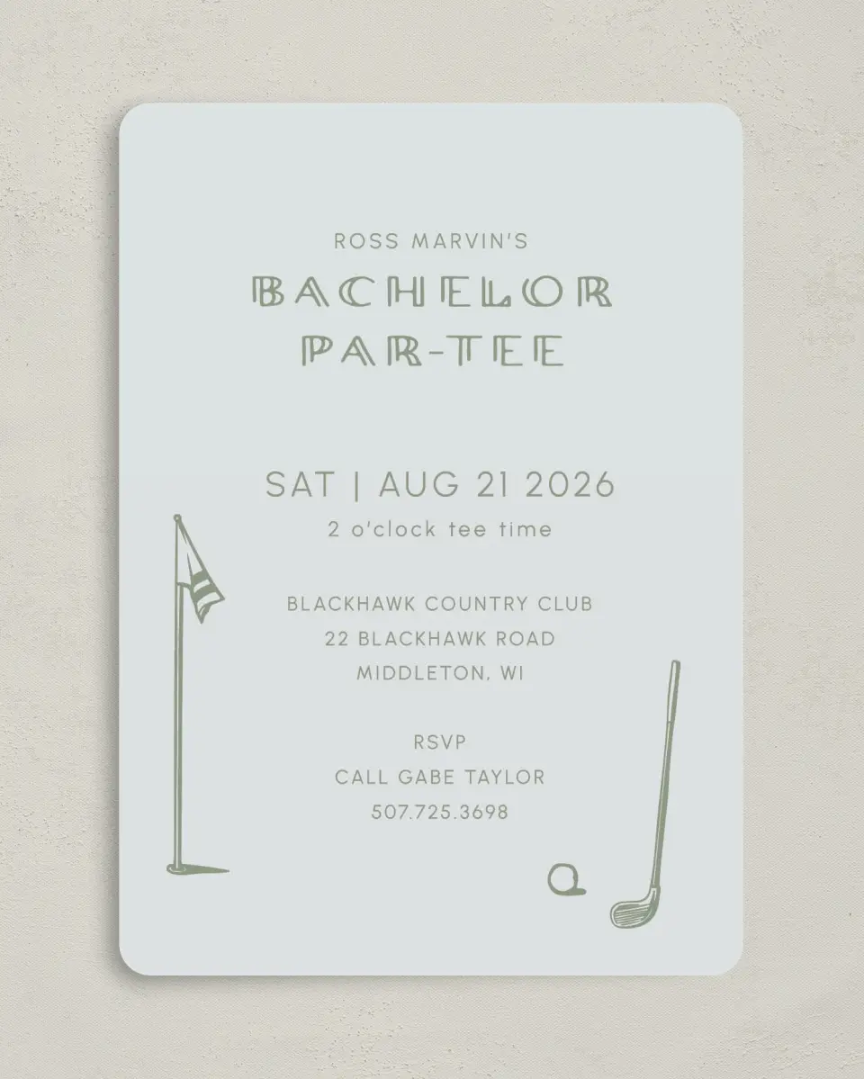 This is a 5" x 7" Bachelor Party Invitation called Let's Par-Tee printed in full color on Premium Smooth paper