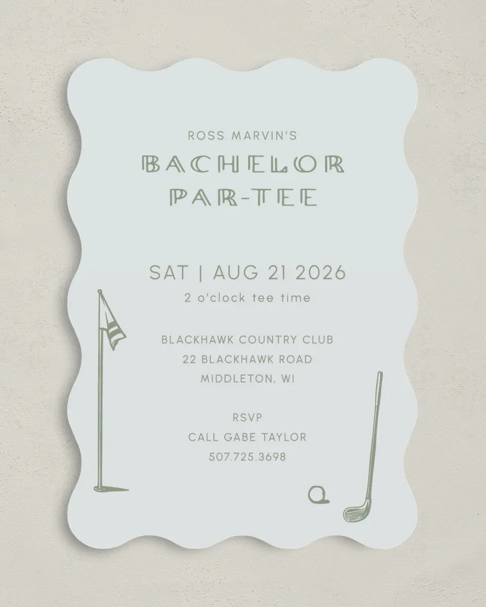 This is a 5" x 7" Bachelor Party Invitation called Let's Par-Tee printed in full color on Premium Smooth paper
