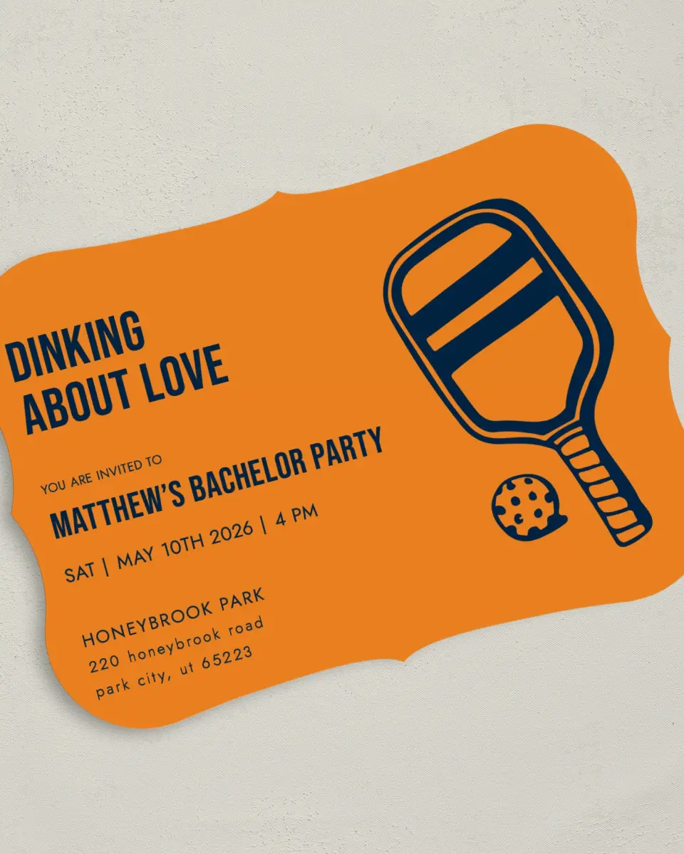 This is a 5" x 7" Bachelor Party Invitation called Dinking About Love printed in full color on Premium Smooth paper