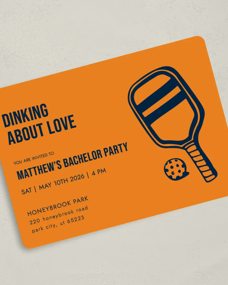 This is a 5" x 7" Bachelor Party Invitation called Dinking About Love printed in full color on Premium Smooth paper