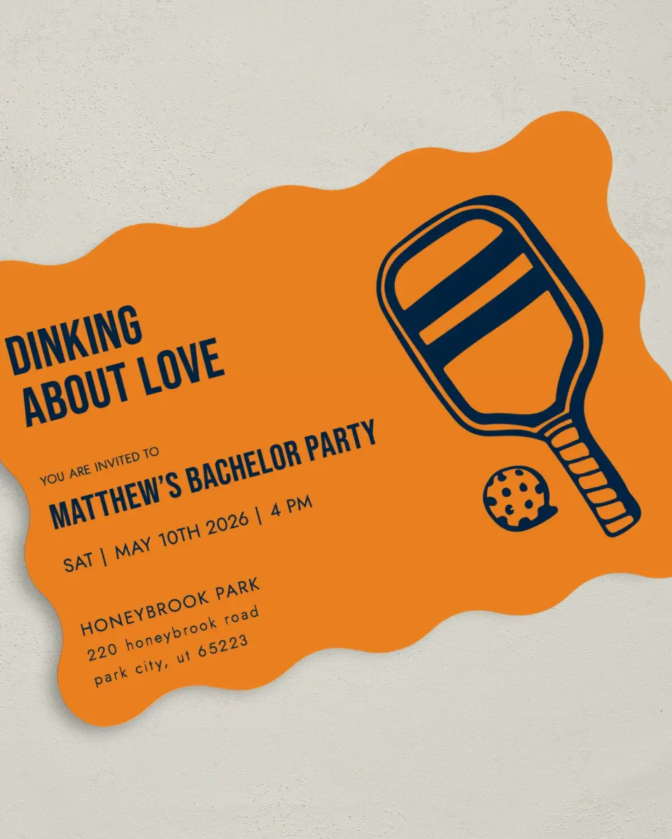 This is a 5" x 7" Bachelor Party Invitation called Dinking About Love printed in full color with Rose Gold foil on Luxe Satin (coated) paper