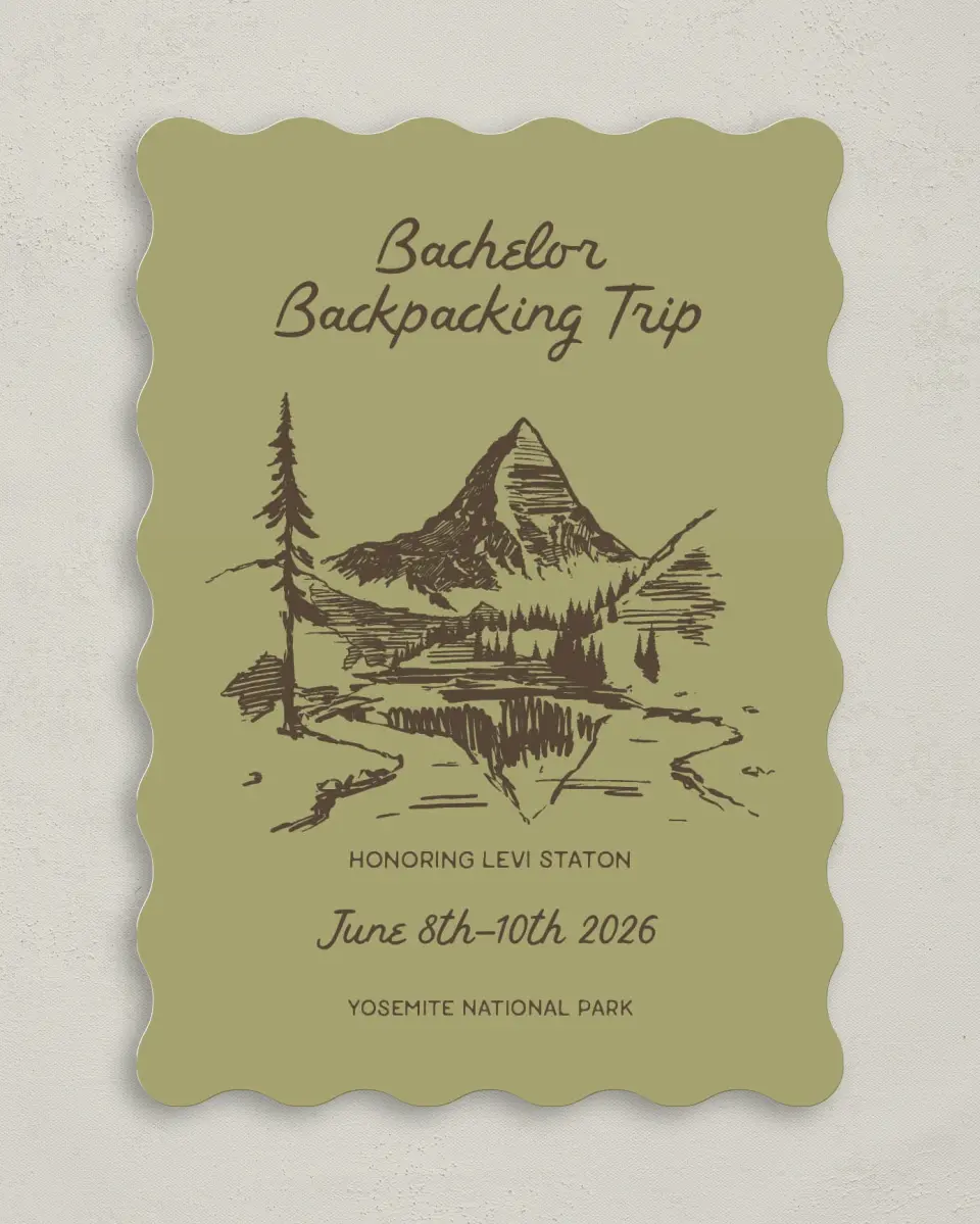 This is a 5" x 7" Bachelor Party Invitation called Backpack Bach printed in full color on Premium Smooth paper