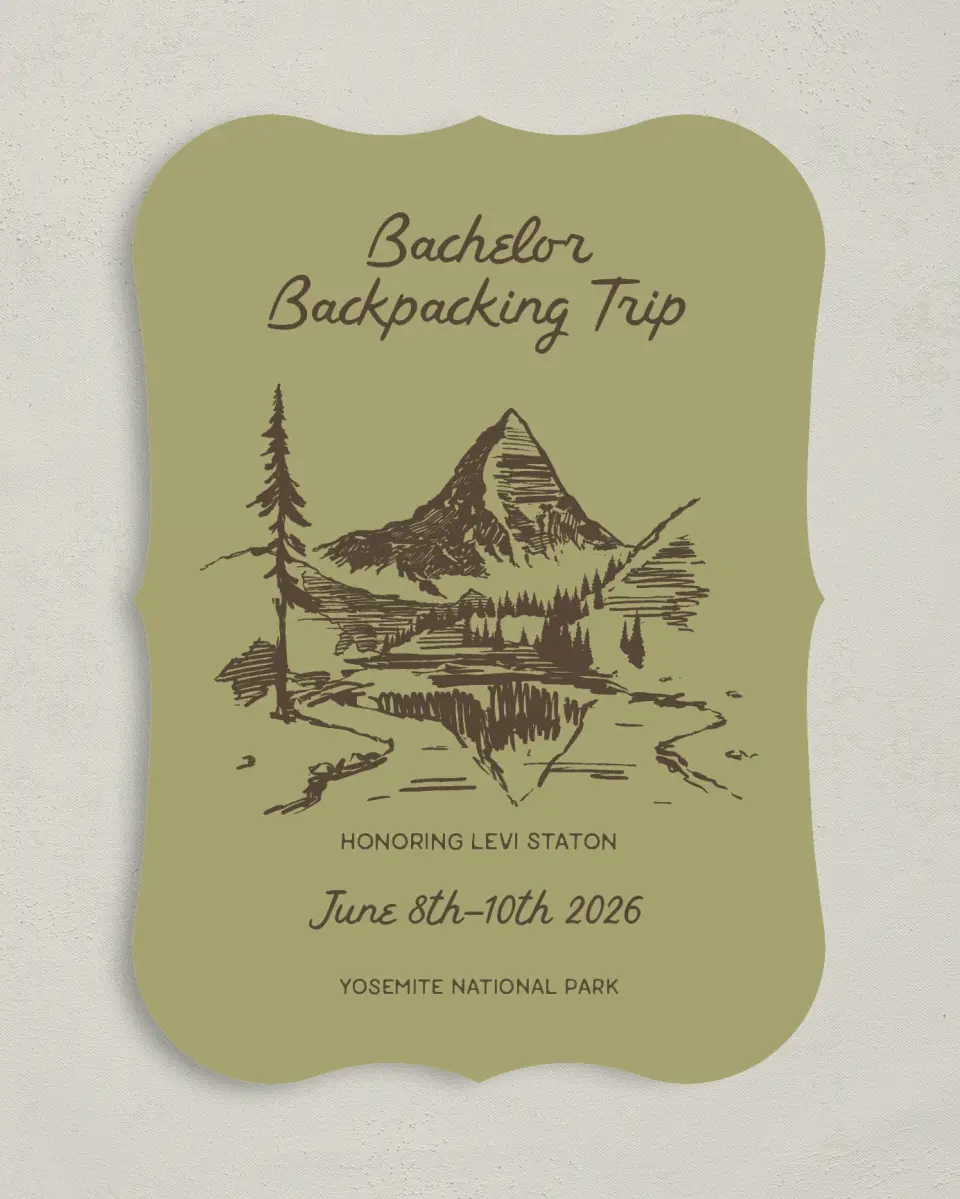 This is a 5" x 7" Bachelor Party Invitation called Backpack Bach printed in full color with Rose Gold foil on Luxe Satin (coated) paper