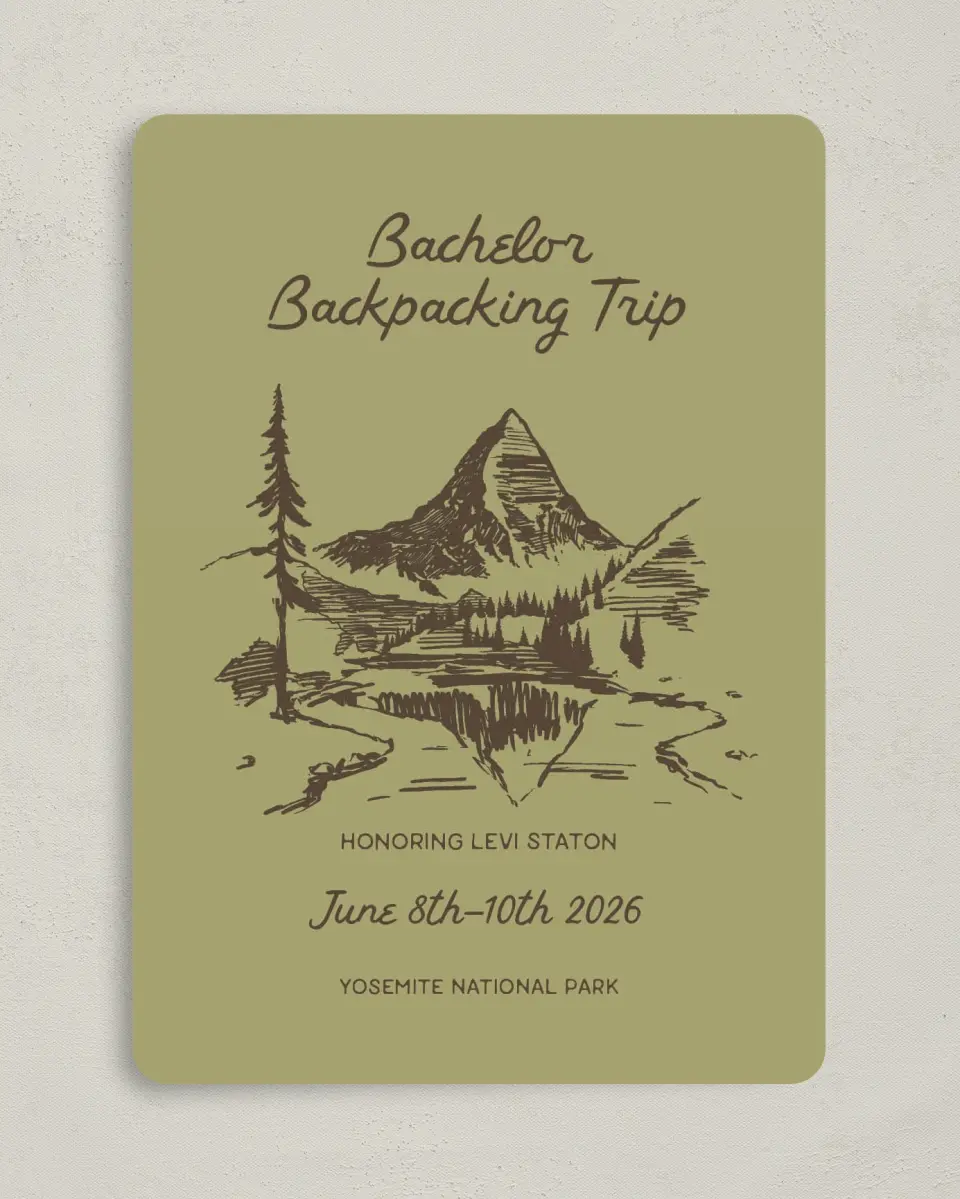 This is a 5" x 7" Bachelor Party Invitation called Backpack Bach printed in full color on Premium Smooth paper