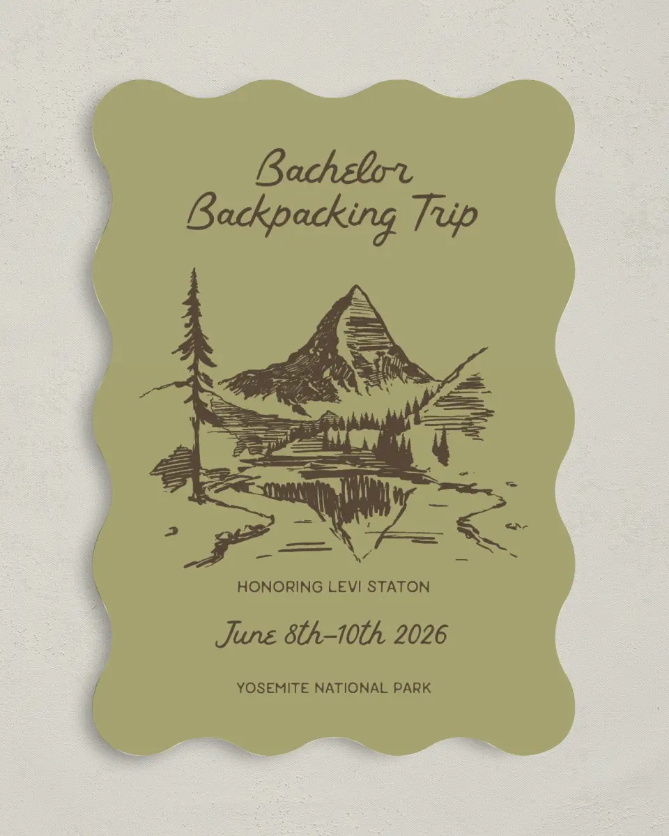 This is a 5" x 7" Bachelor Party Invitation called Backpack Bach printed in full color with Silver foil on Luxe Satin (coated) paper