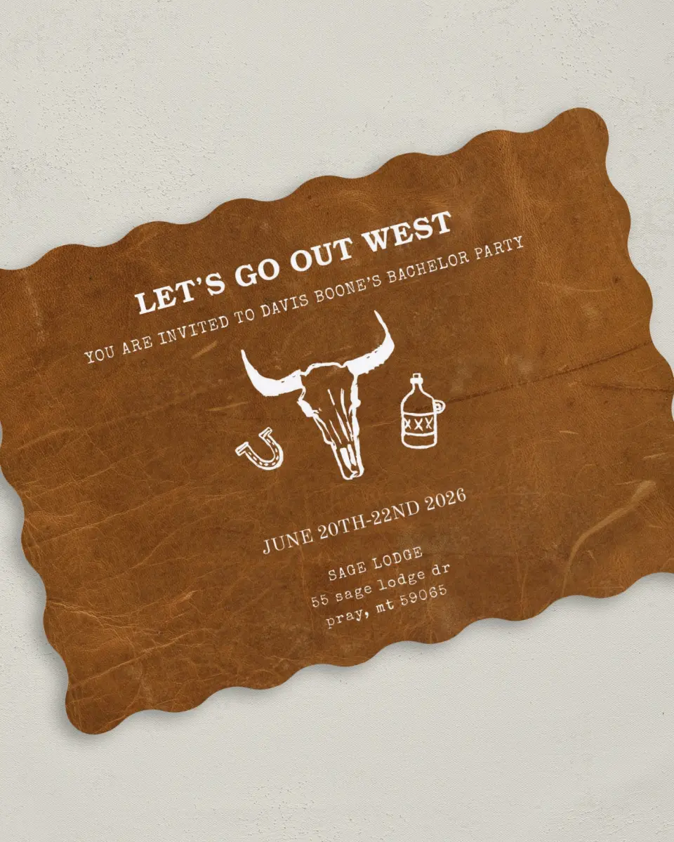 This is a 5" x 7" Bachelor Party Invitation called Out West printed in full color on Premium Smooth paper