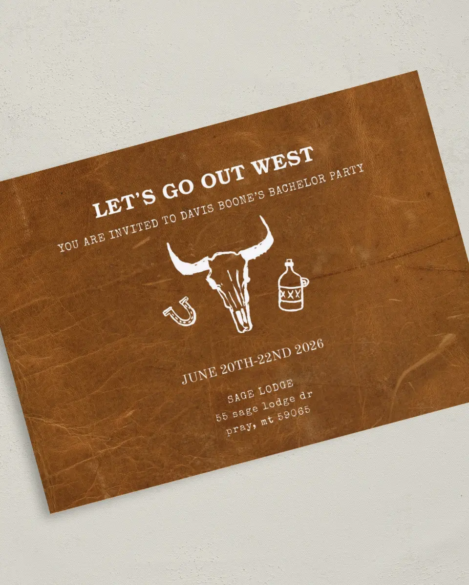 This is a 5" x 7" Bachelor Party Invitation called Out West printed in full color on Premium Smooth paper