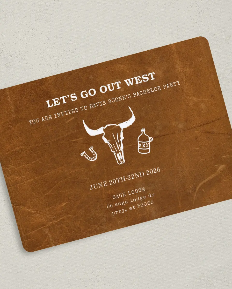 This is a 5" x 7" Bachelor Party Invitation called Out West printed in full color on Premium Smooth paper