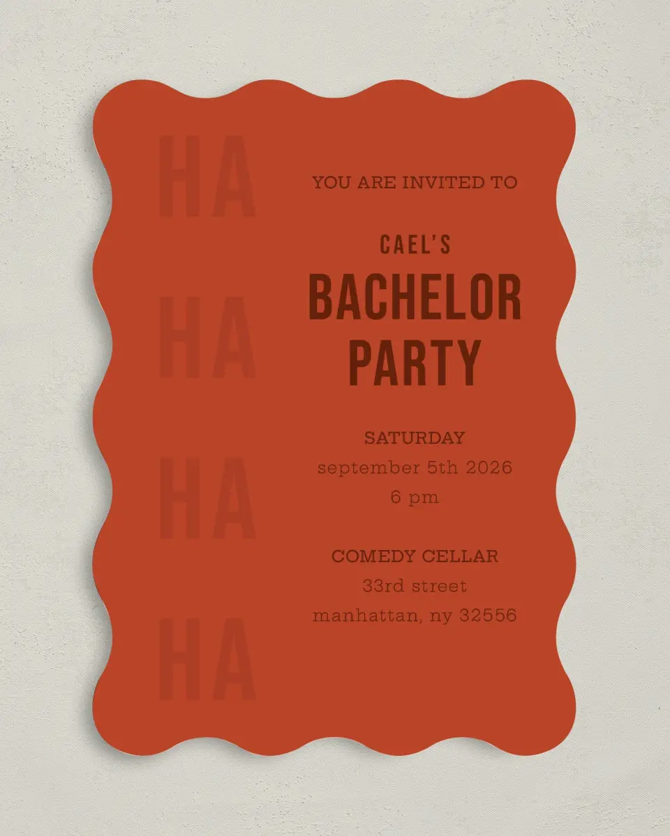 This is a 5" x 7" Bachelor Party Invitation called Laugh Out Loud printed in full color on Premium Smooth paper