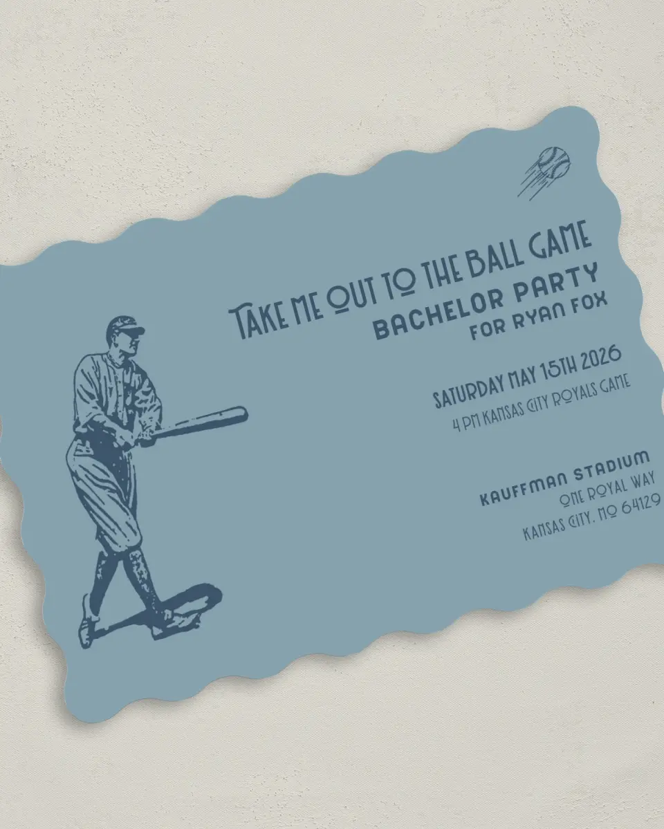 This is a 5" x 7" Bachelor Party Invitation called Home Run printed in full color on Premium Smooth paper