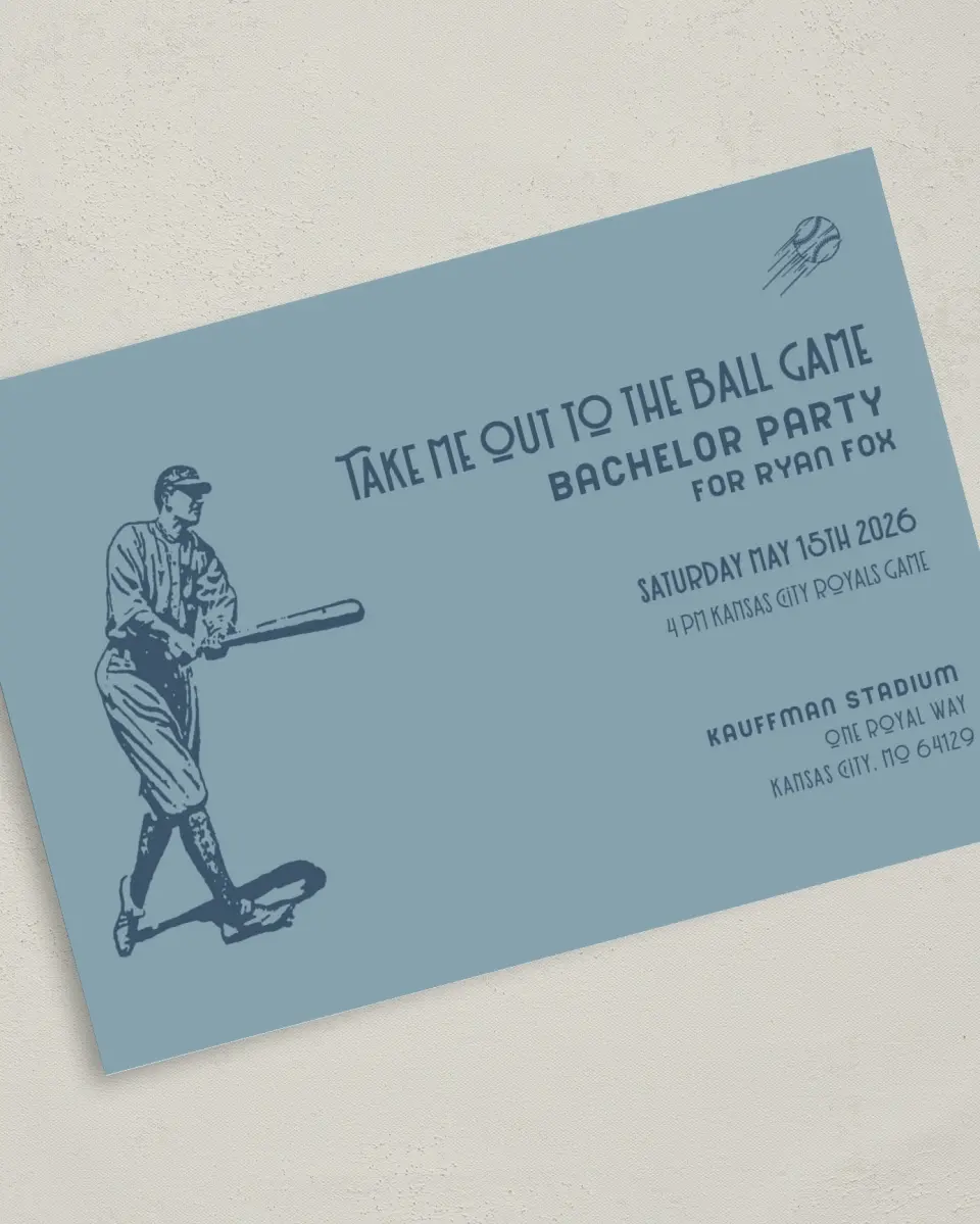 This is a 5" x 7" Bachelor Party Invitation called Home Run printed in full color on Premium Smooth paper
