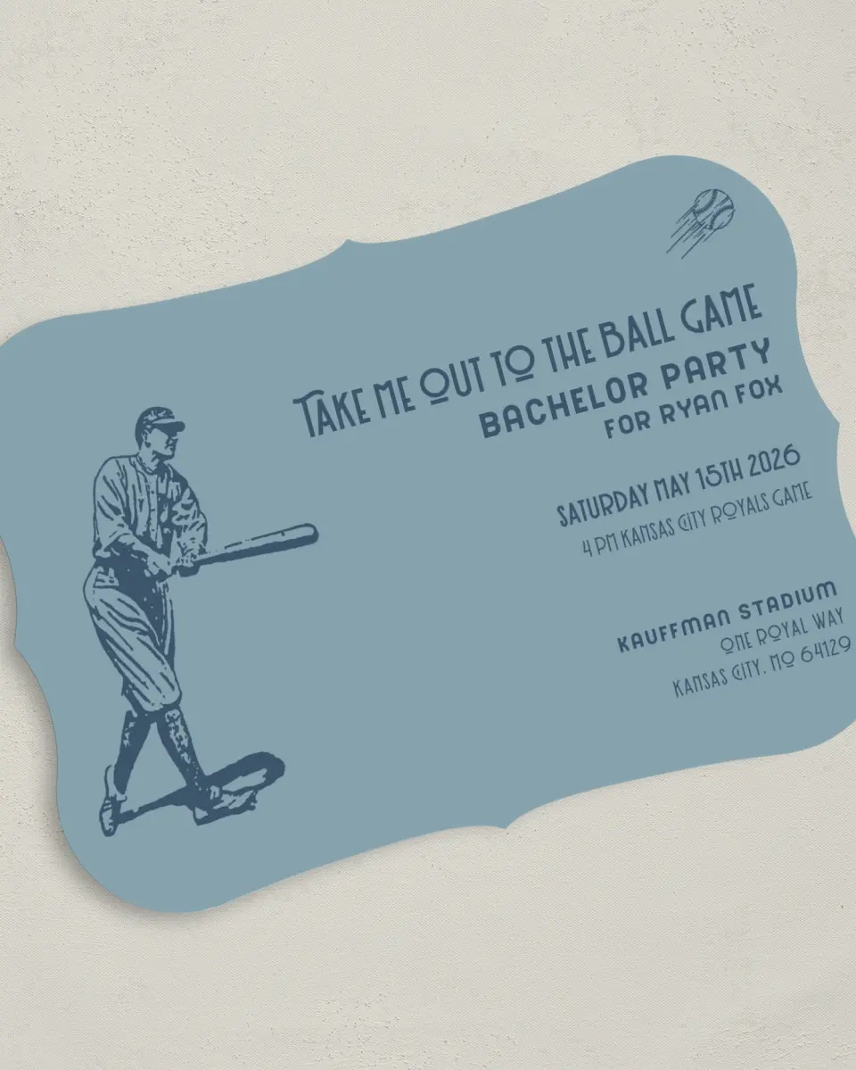 This is a 5" x 7" Bachelor Party Invitation called Home Run printed in full color on Premium Smooth paper