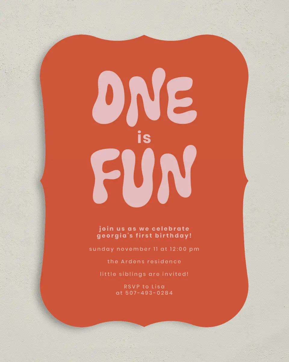 This is a 5" x 7" Birthday Party Invitation called One is Fun printed in full color on Premium Smooth paper