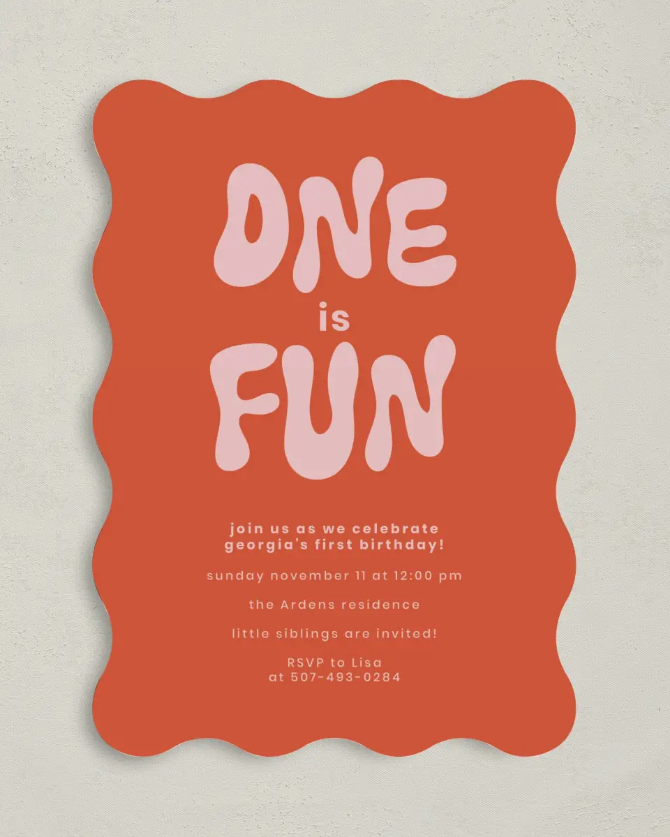 This is a 5" x 7" Birthday Party Invitation called One is Fun printed in full color on Premium Smooth paper