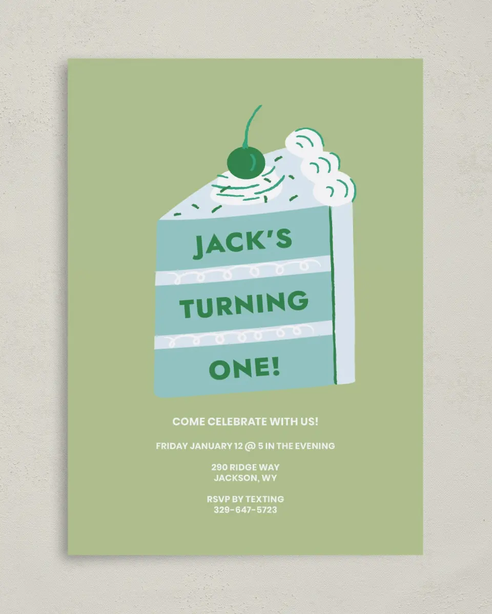 This is a 5" x 7" Birthday Party Invitation called Slice of Fun printed in full color on Premium Smooth paper