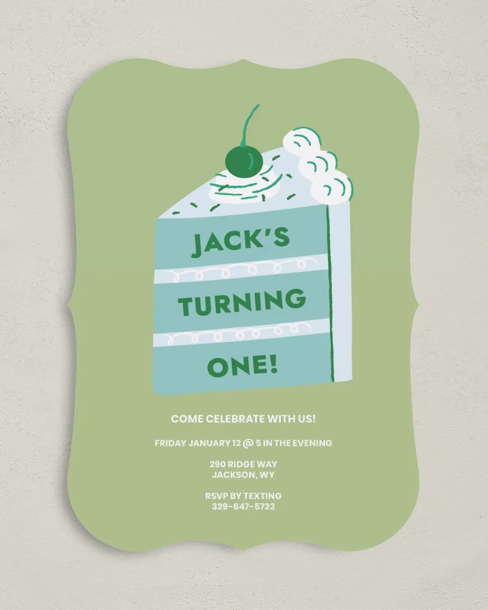 This is a 5" x 7" Birthday Party Invitation called Slice of Fun printed in full color with Gold foil on Luxe Satin (coated) paper