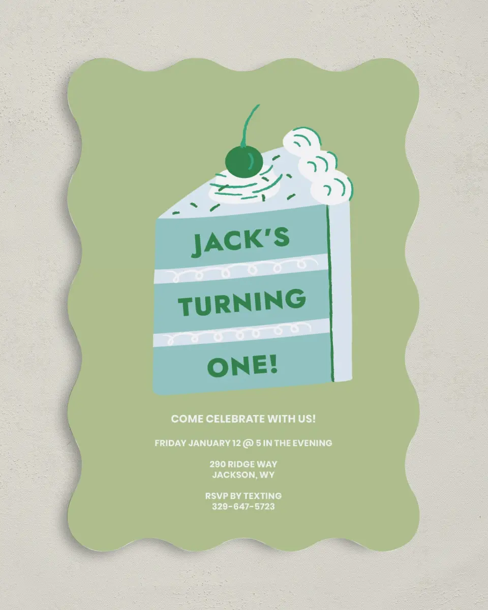 This is a 5" x 7" Birthday Party Invitation called Slice of Fun printed in full color on Premium Smooth paper