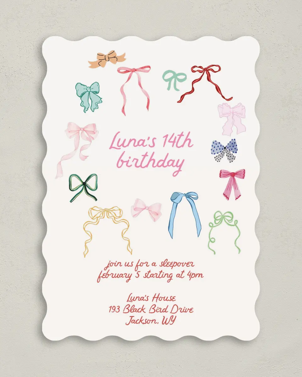 This is a 5" x 7" Birthday Party Invitation called Bow Birthday printed in full color on Premium Smooth paper