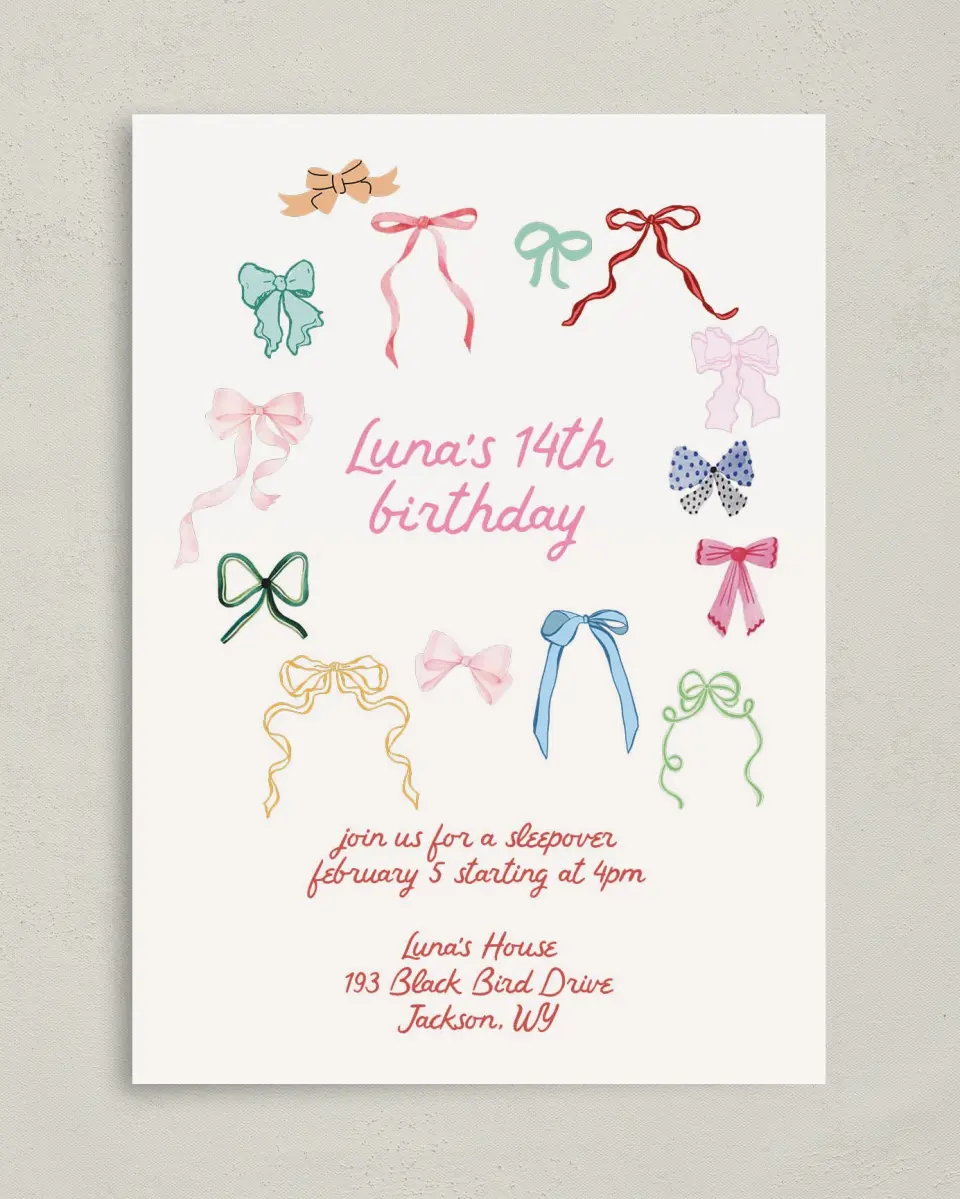 This is a 5" x 7" Birthday Party Invitation called Bow Birthday printed in full color on Premium Smooth paper