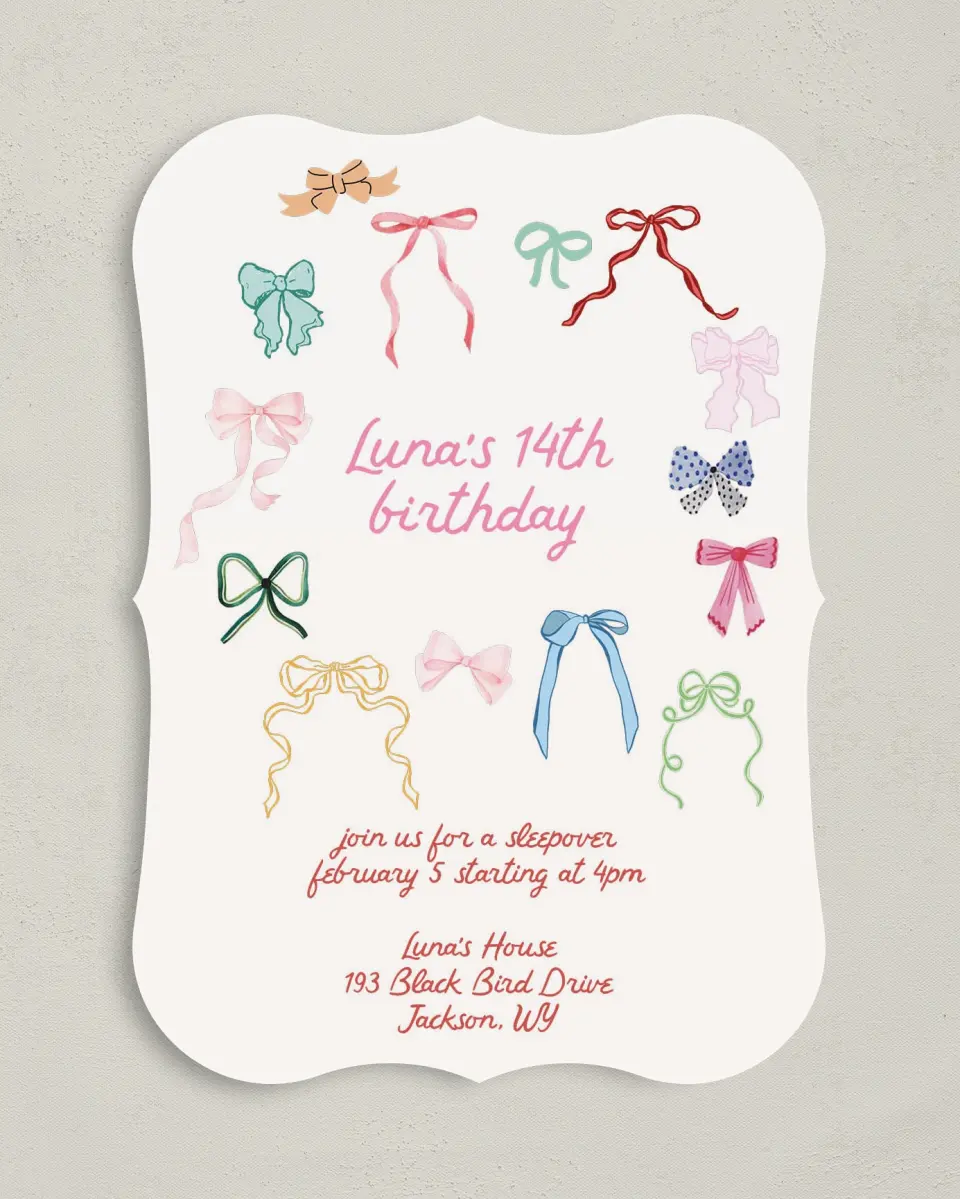 This is a 5" x 7" Birthday Party Invitation called Bow Birthday printed in full color on Premium Smooth paper