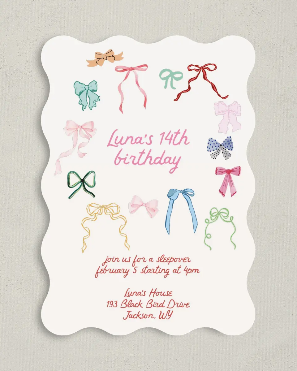 This is a 5" x 7" Birthday Party Invitation called Bow Birthday printed in full color on Premium Smooth paper