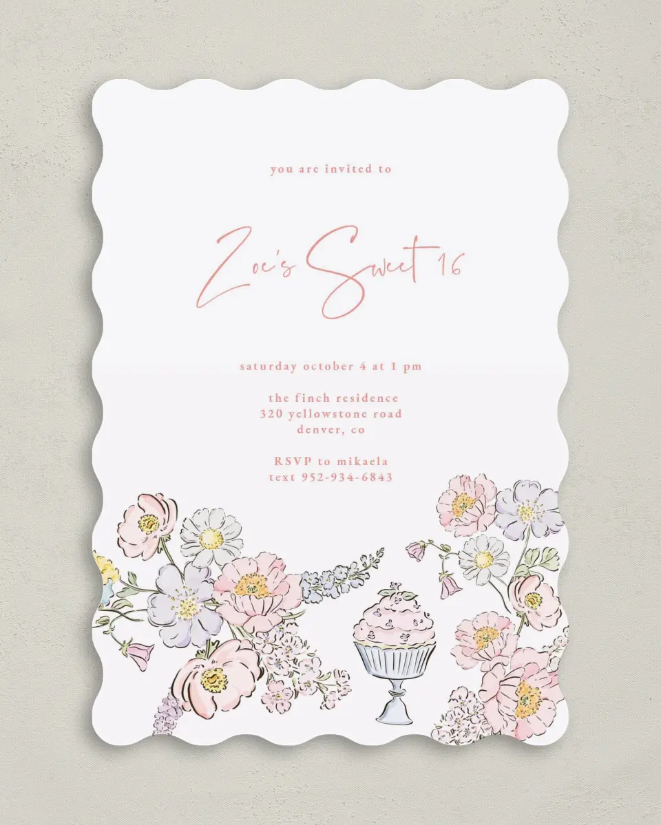 This is a 5" x 7" Birthday Party Invitation called Sweet Flowers printed in full color on Premium Smooth paper