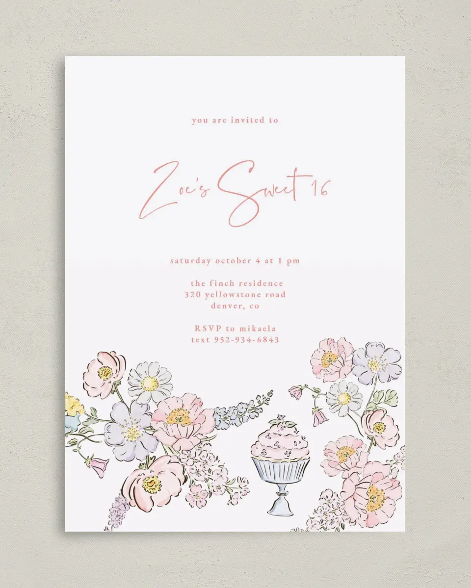 This is a 5" x 7" Birthday Party Invitation called Sweet Flowers printed in full color on Premium Smooth paper
