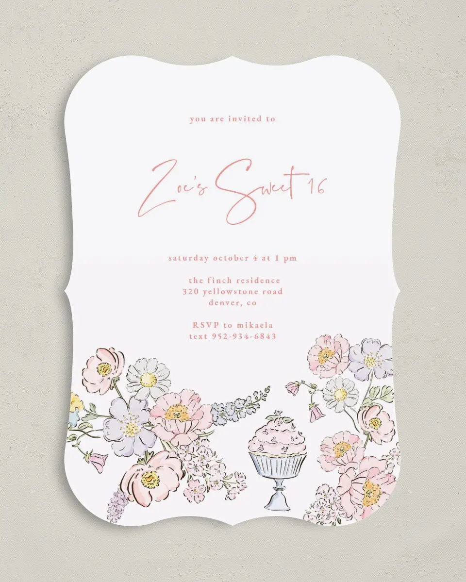 This is a 5" x 7" Birthday Party Invitation called Sweet Flowers printed in full color with Gold foil on Luxe Satin (coated) paper