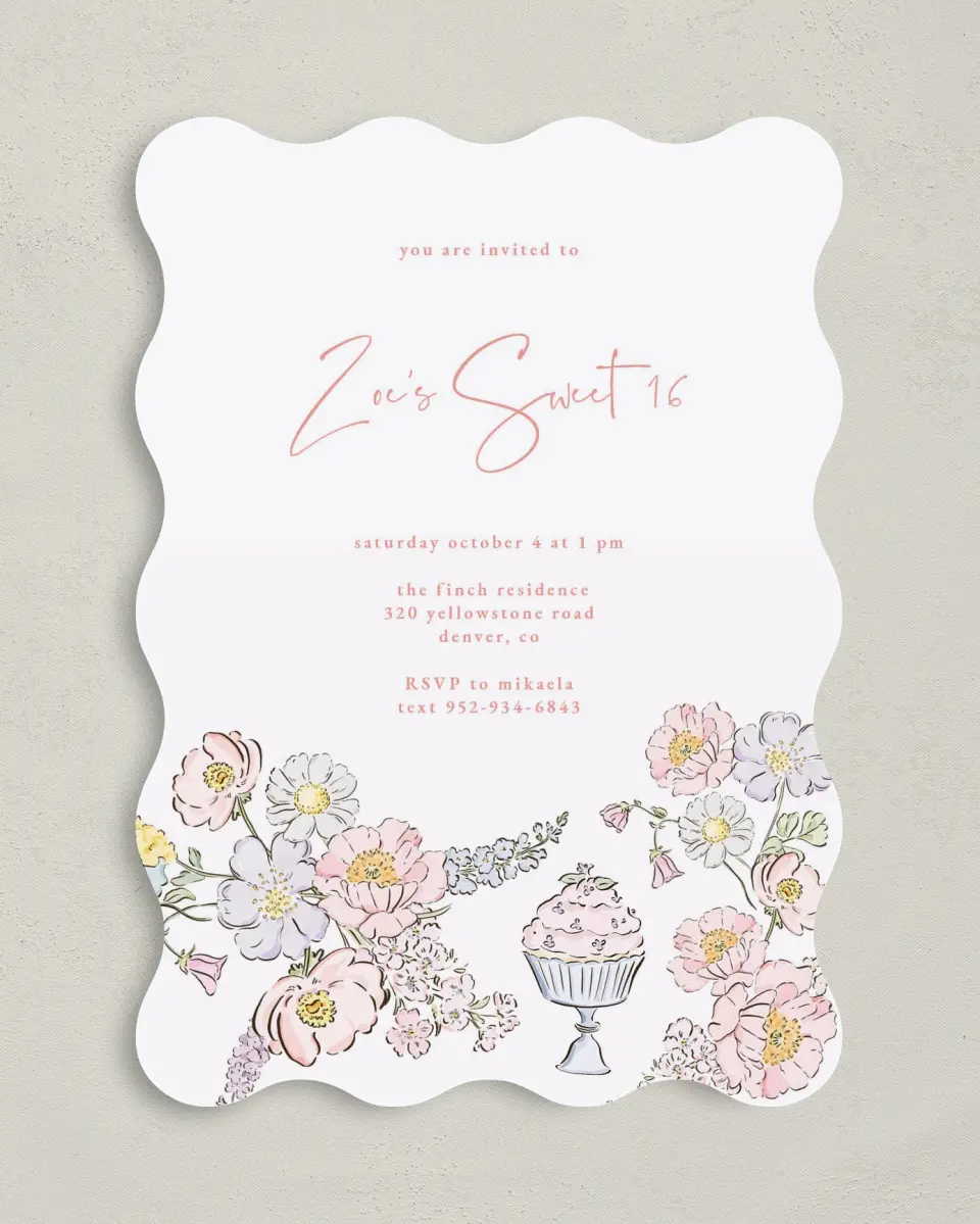 This is a 5" x 7" Birthday Party Invitation called Sweet Flowers printed in full color on Premium Smooth paper