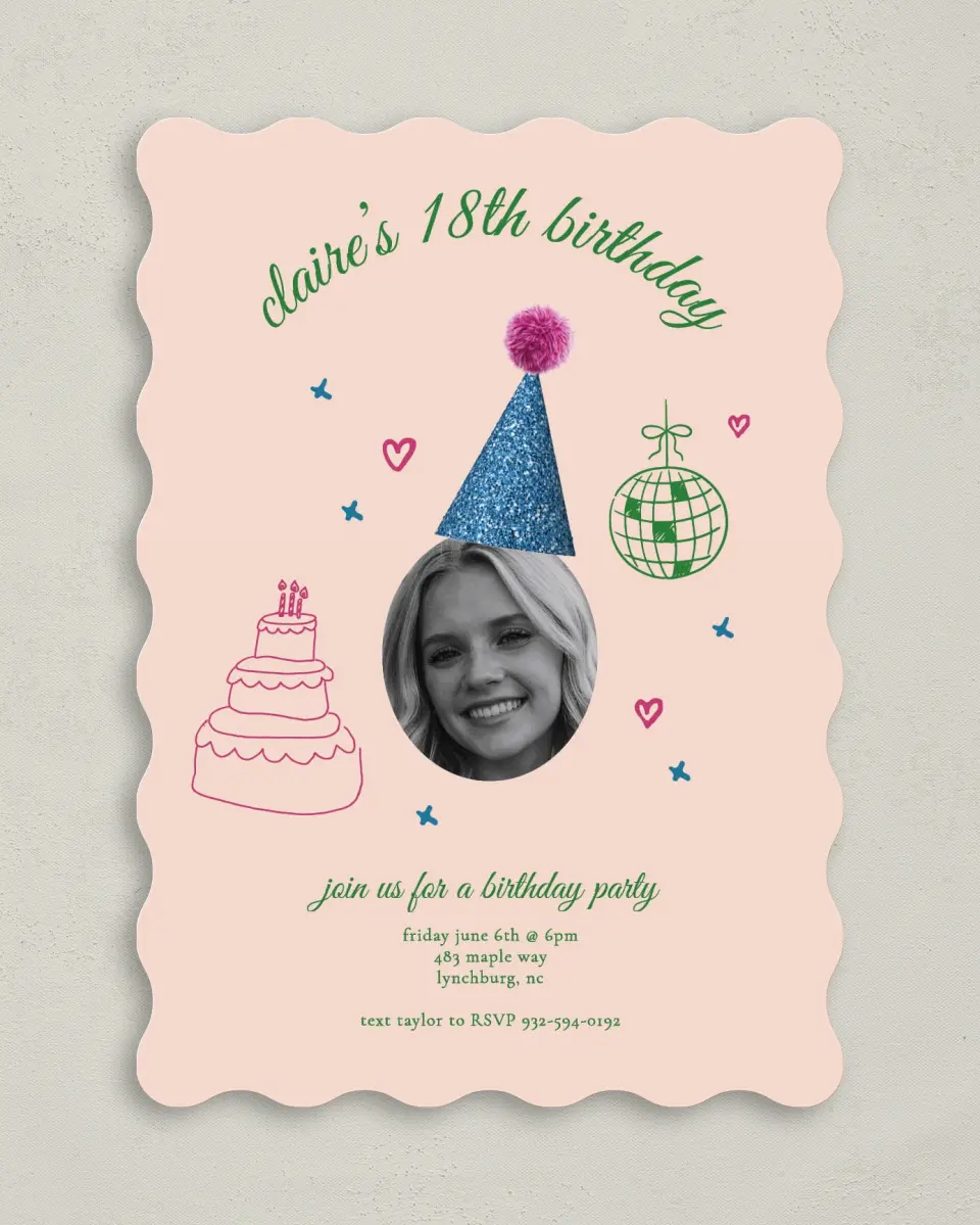 This is a 5" x 7" Birthday Party Invitation called Party Hat printed in full color on Premium Smooth paper