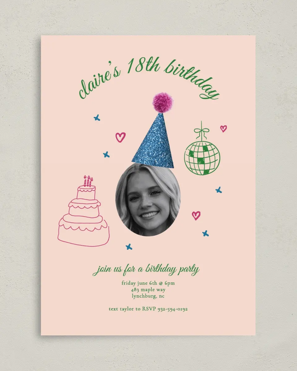 This is a 5" x 7" Birthday Party Invitation called Party Hat printed in full color on Premium Smooth paper