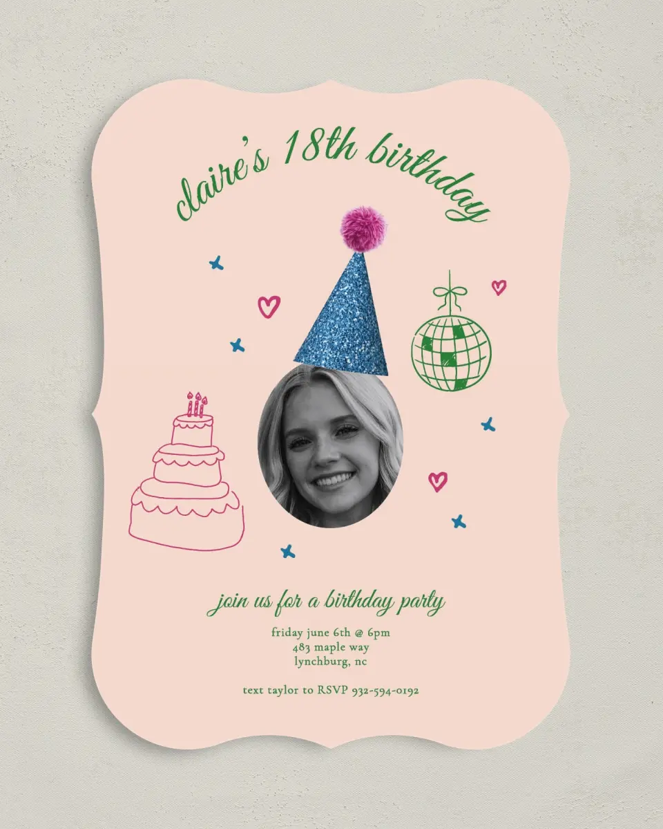 This is a 5" x 7" Birthday Party Invitation called Party Hat printed in full color on Premium Smooth paper