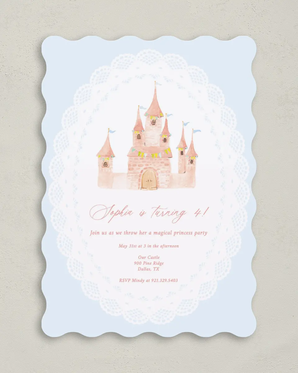 This is a 5" x 7" Birthday Party Invitation called Princess Castle printed in full color on Premium Smooth paper
