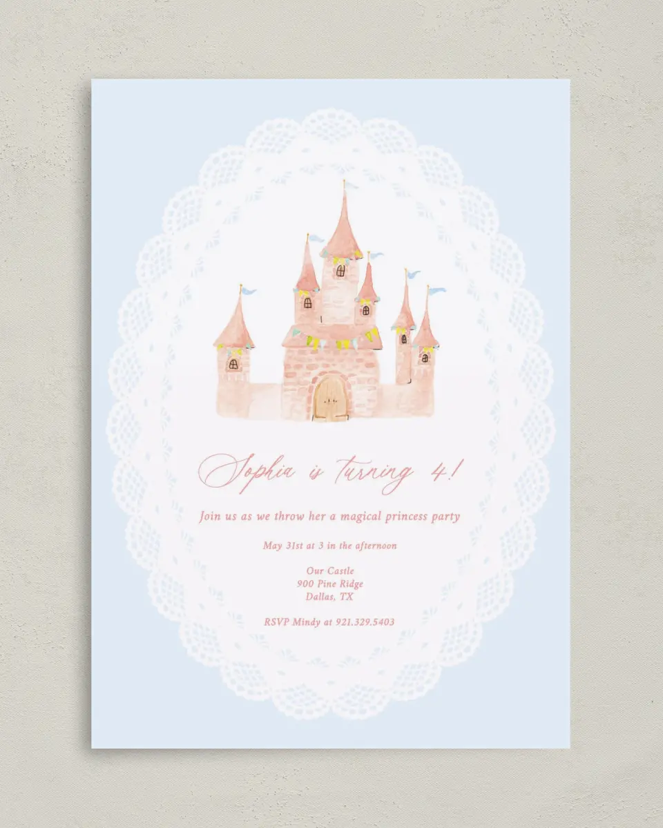 This is a 5" x 7" Birthday Party Invitation called Princess Castle printed in full color on Premium Smooth paper